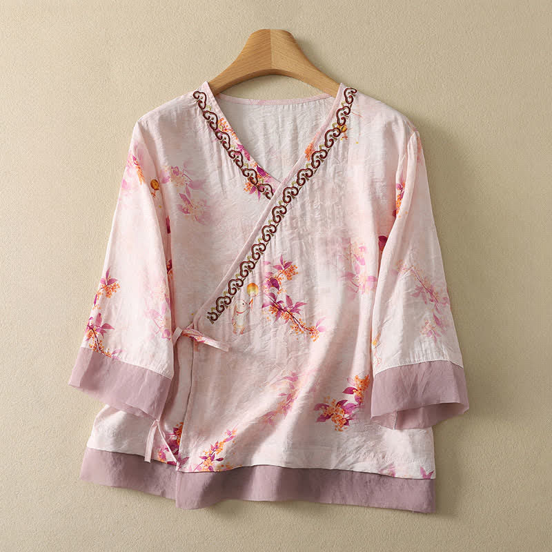 Nimara Ritual Summer Vintage Tang Style Embroidery Floral V-Neck Women's Three-Quarter Sleeve T-Shirt