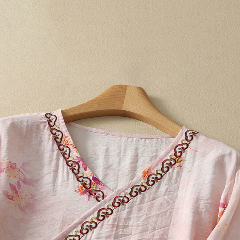 Nimara Ritual Summer Vintage Tang Style Embroidery Floral V-Neck Women's Three-Quarter Sleeve T-Shirt