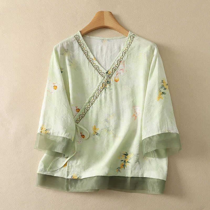 Nimara Ritual Summer Vintage Tang Style Embroidery Floral V-Neck Women's Three-Quarter Sleeve T-Shirt