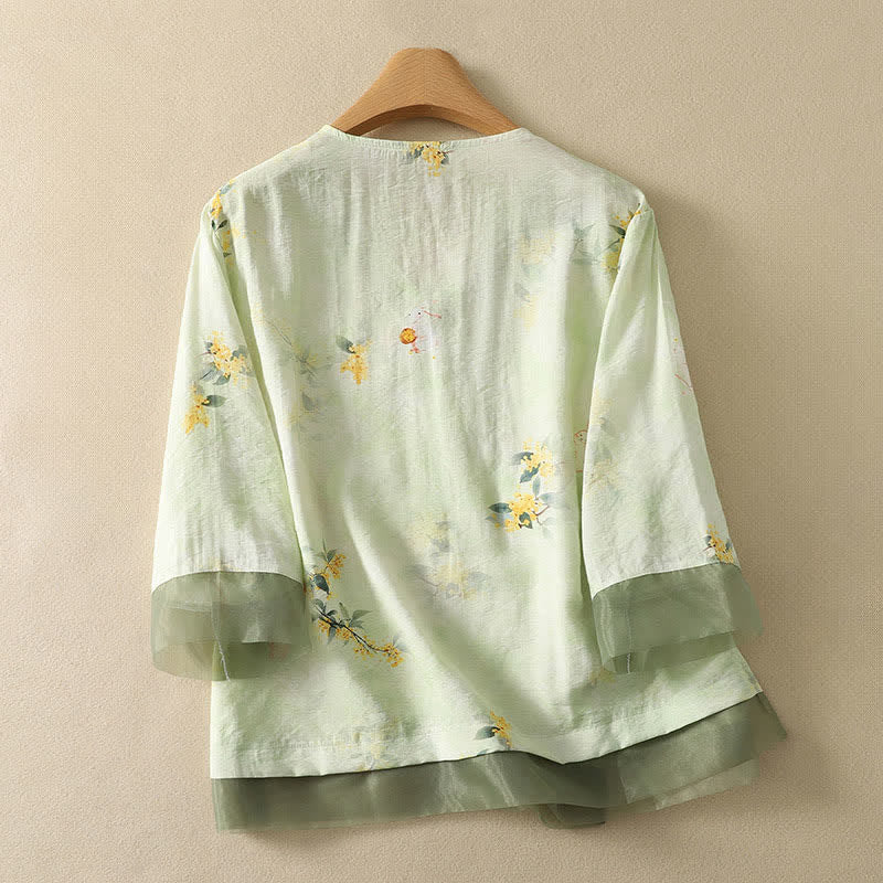 Nimara Ritual Summer Vintage Tang Style Embroidery Floral V-Neck Women's Three-Quarter Sleeve T-Shirt