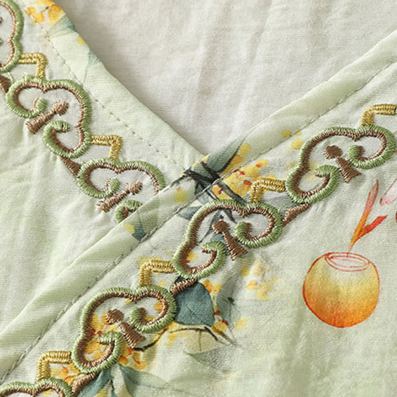Nimara Ritual Summer Vintage Tang Style Embroidery Floral V-Neck Women's Three-Quarter Sleeve T-Shirt