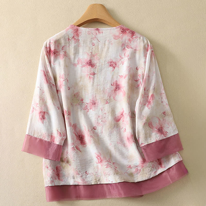 Nimara Ritual Summer Vintage Tang Style Embroidery Floral V-Neck Women's Three-Quarter Sleeve T-Shirt
