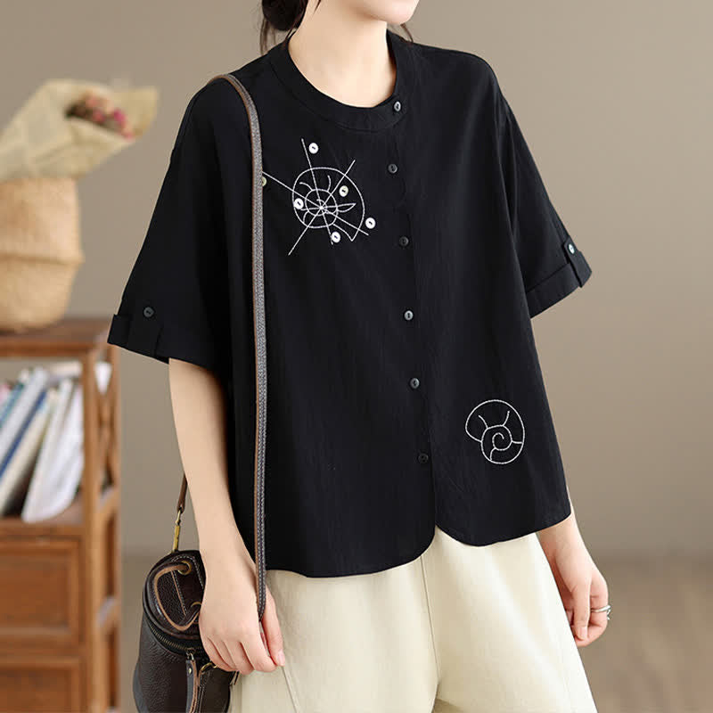Nimara Ritual Summer Casual Minimalist Embroidery Snails Button-Up Geometric Women's Short Sleeve Shirts