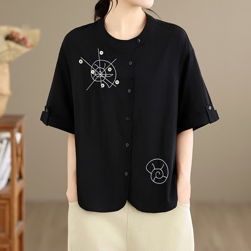 Nimara Ritual Summer Casual Minimalist Embroidery Snails Button-Up Geometric Women's Short Sleeve Shirts