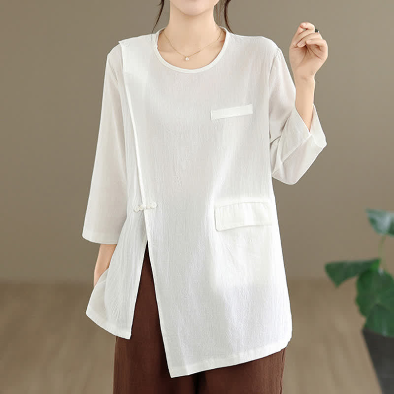 Nimara Ritual Summer Tang Style Side Slit Pankou Solid Crew Neck Women's Long Sleeve T-Shirt With Pocket