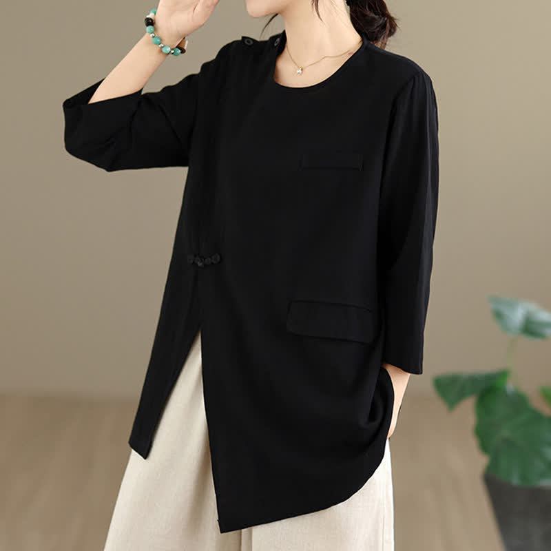 Nimara Ritual Summer Tang Style Side Slit Pankou Solid Crew Neck Women's Long Sleeve T-Shirt With Pocket