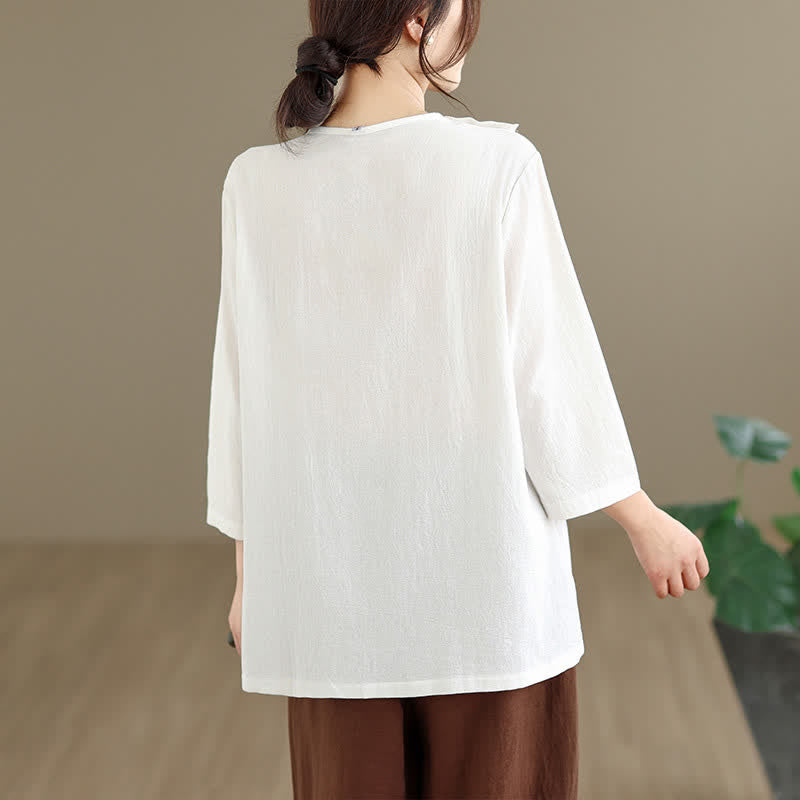 Nimara Ritual Summer Tang Style Side Slit Pankou Solid Crew Neck Women's Long Sleeve T-Shirt With Pocket