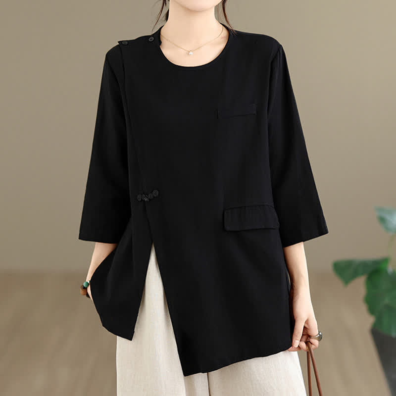 Nimara Ritual Summer Tang Style Side Slit Pankou Solid Crew Neck Women's Long Sleeve T-Shirt With Pocket