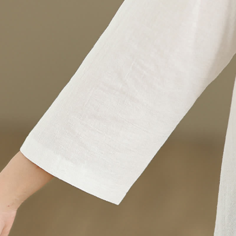 Nimara Ritual Summer Tang Style Side Slit Pankou Solid Crew Neck Women's Long Sleeve T-Shirt With Pocket