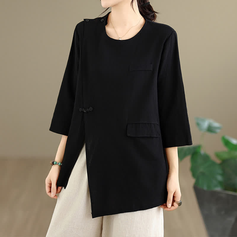 Nimara Ritual Summer Tang Style Side Slit Pankou Solid Crew Neck Women's Long Sleeve T-Shirt With Pocket