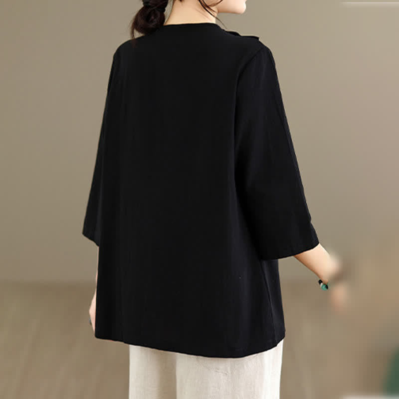 Nimara Ritual Summer Tang Style Side Slit Pankou Solid Crew Neck Women's Long Sleeve T-Shirt With Pocket