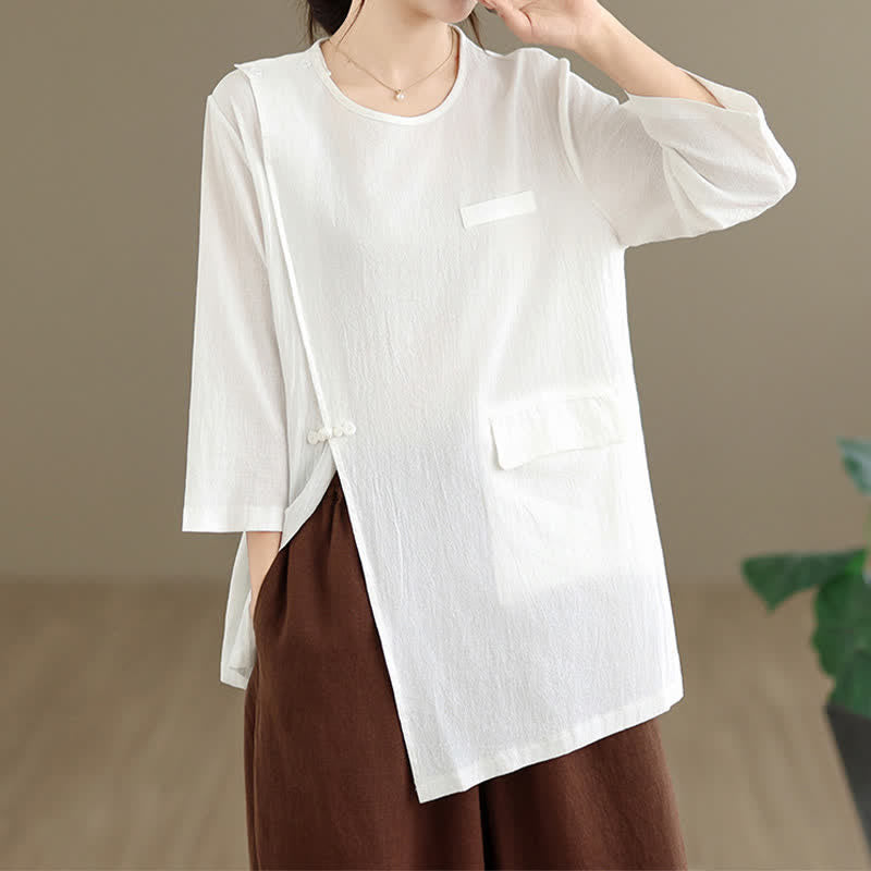 Nimara Ritual Summer Tang Style Side Slit Pankou Solid Crew Neck Women's Long Sleeve T-Shirt With Pocket