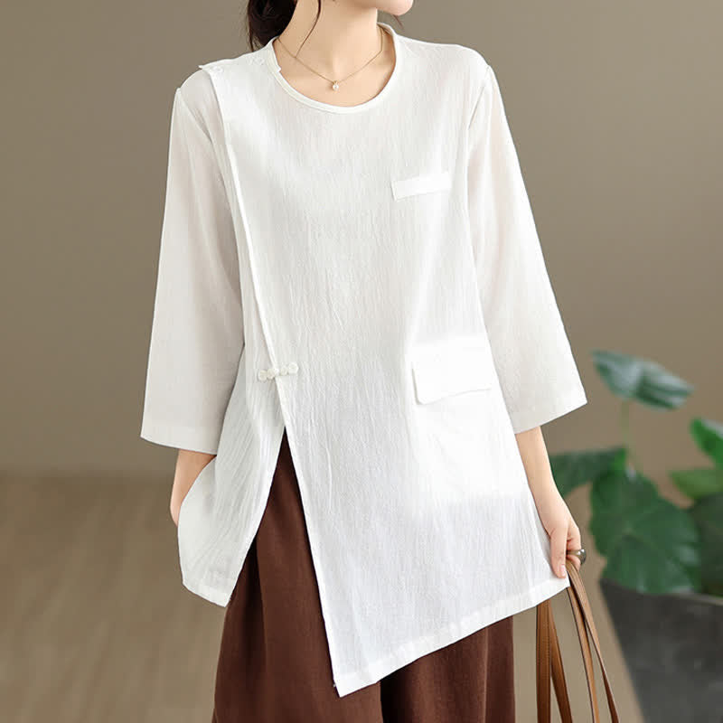 Nimara Ritual Summer Tang Style Side Slit Pankou Solid Crew Neck Women's Long Sleeve T-Shirt With Pocket