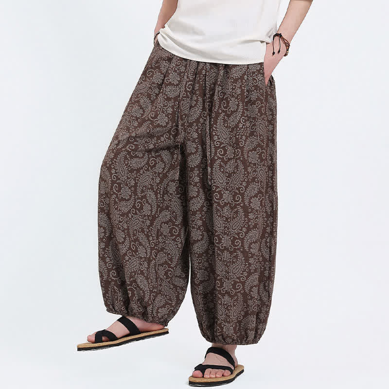 Nimara Ritual Summer Boho Casual Drawstring Paisley Capri Pants Men's Harem Pants With Pocket