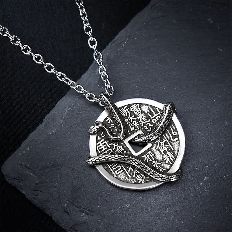 Balance and Healing Copper Plated With Silver Mountain Ghosts Spend Money Snake Coiled Around Copper Coin Necklace