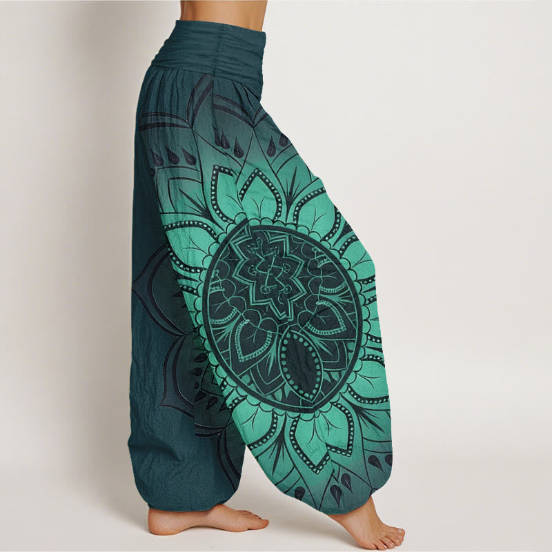 Nimara Ritual Cotton Symmetrical Mandala Pattern Women's Elastic Waist Harem Pants
