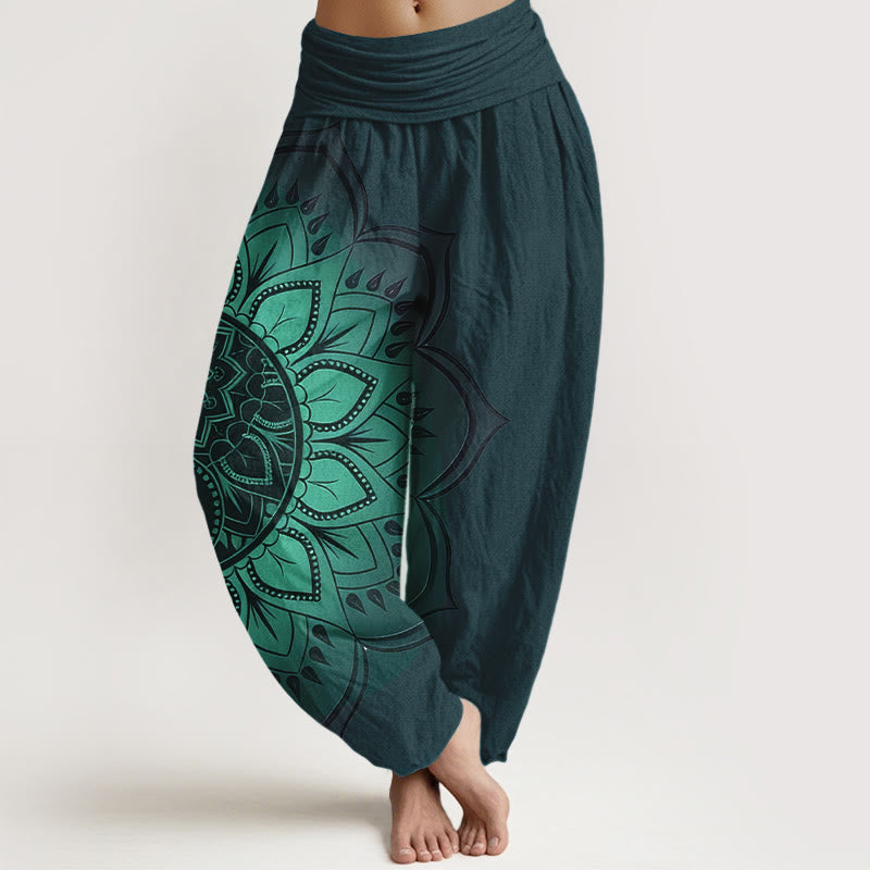 Nimara Ritual Cotton Symmetrical Mandala Pattern Women's Elastic Waist Harem Pants