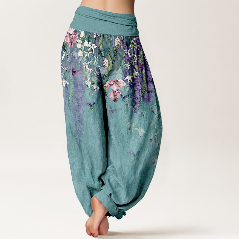 Nimara Ritual Pure Cotton Orchid Birds Pattern Women's Elastic Waist Harem Pants