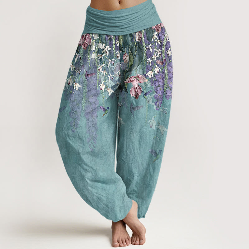 Nimara Ritual Pure Cotton Orchid Birds Pattern Women's Elastic Waist Harem Pants