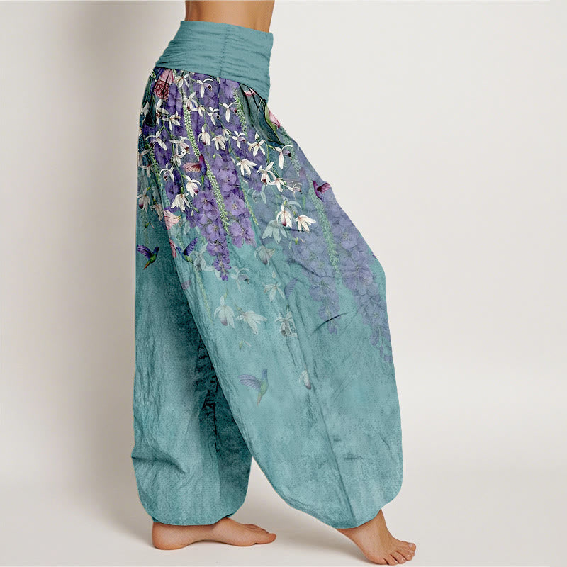 Nimara Ritual Pure Cotton Orchid Birds Pattern Women's Elastic Waist Harem Pants