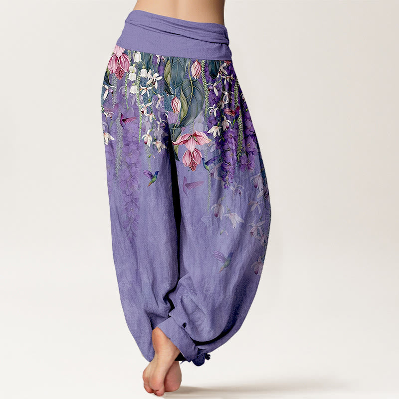 Nimara Ritual Pure Cotton Orchid Birds Pattern Women's Elastic Waist Harem Pants