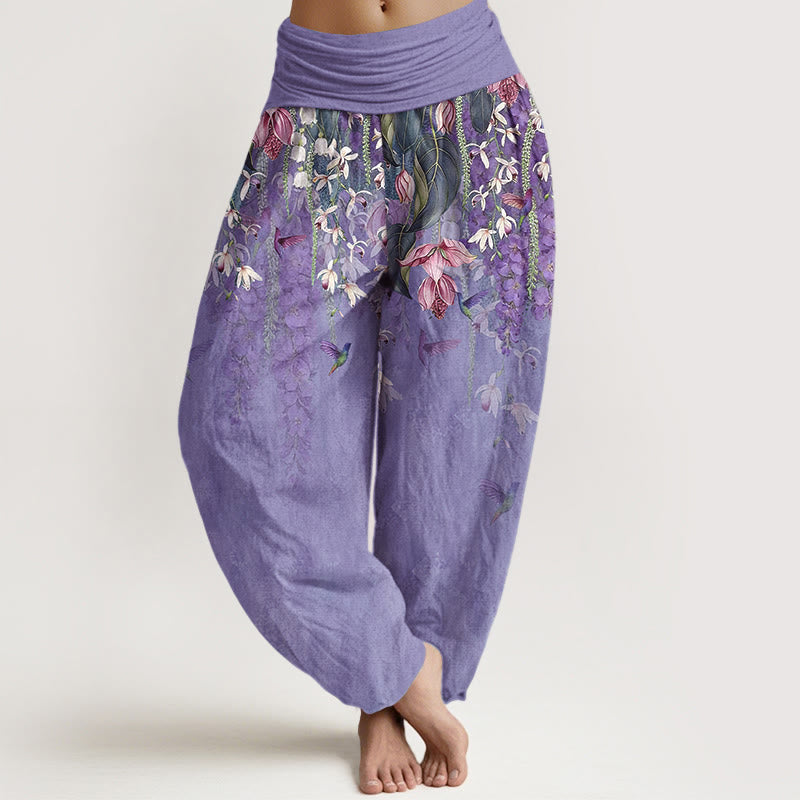 Nimara Ritual Pure Cotton Orchid Birds Pattern Women's Elastic Waist Harem Pants