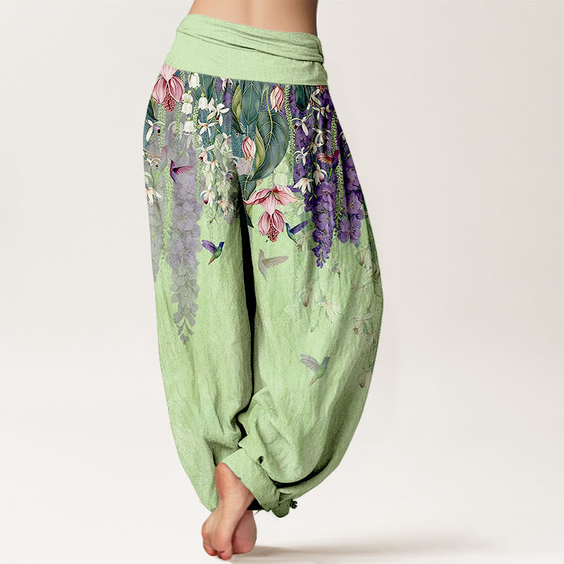 Nimara Ritual Pure Cotton Orchid Birds Pattern Women's Elastic Waist Harem Pants
