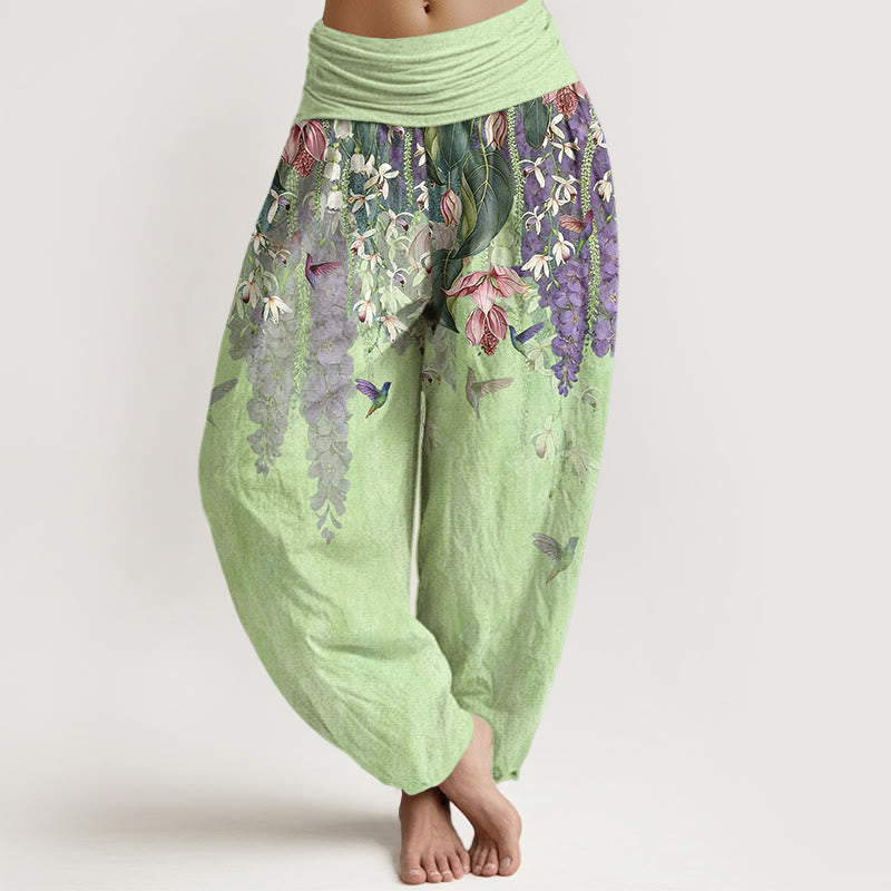 Nimara Ritual Pure Cotton Orchid Birds Pattern Women's Elastic Waist Harem Pants