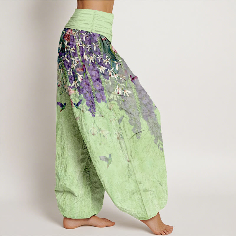 Nimara Ritual Pure Cotton Orchid Birds Pattern Women's Elastic Waist Harem Pants
