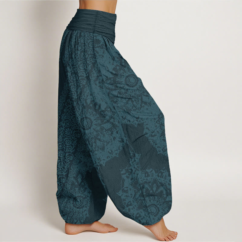 Nimara Ritual Pure Cotton Mandala Pattern Parallel Flowers Women's Elastic Waist Harem Pants
