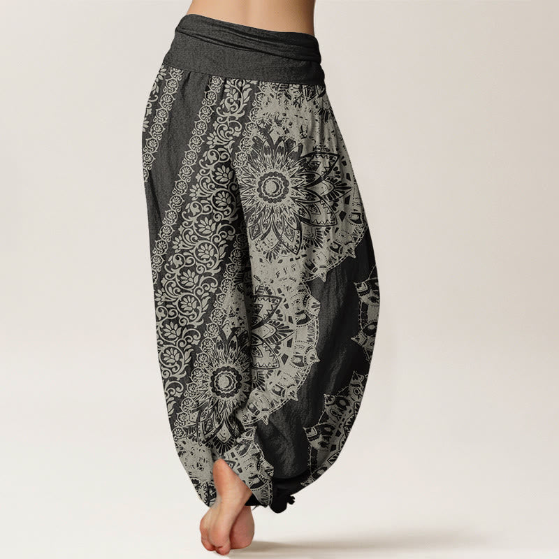 Nimara Ritual Pure Cotton Mandala Pattern Parallel Flowers Women's Elastic Waist Harem Pants