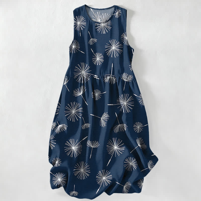 Nimara Ritual Summer Casual Dandelion Bloom Pattern Women's Summer Sleeveless Midi Dress With Pockets