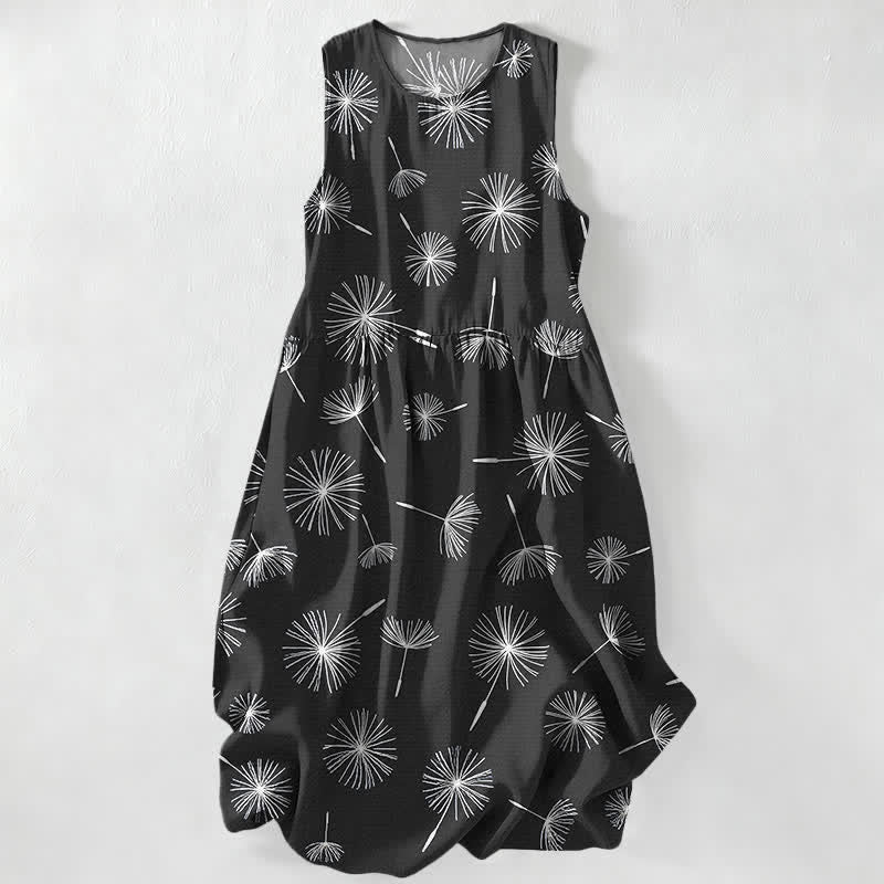 Nimara Ritual Summer Casual Dandelion Bloom Pattern Women's Summer Sleeveless Midi Dress With Pockets