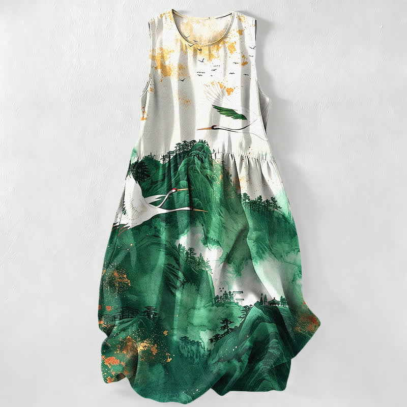 Nimara Ritual Summer Casual Ink Landscape Cranes Pattern Women's Summer Sleeveless Midi Dress With Pockets