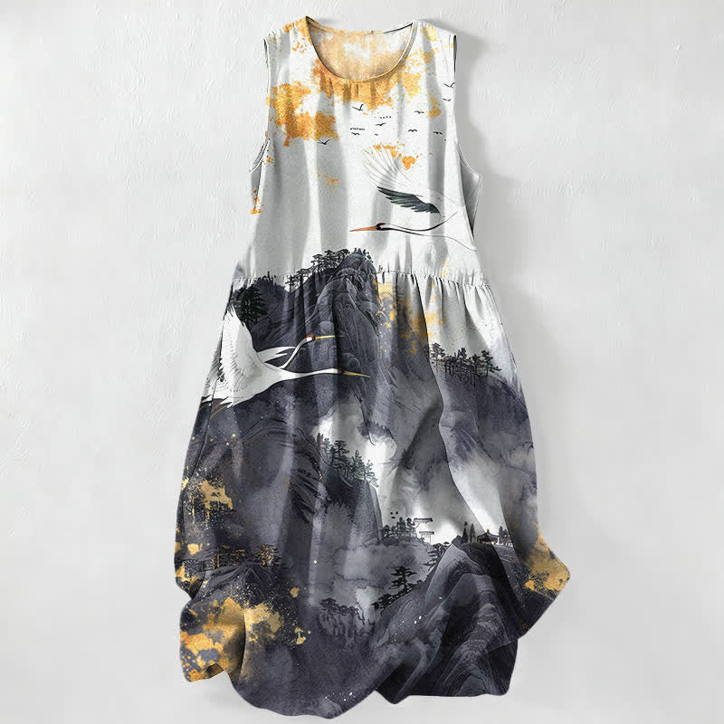 Nimara Ritual Summer Casual Ink Landscape Cranes Pattern Women's Summer Sleeveless Midi Dress With Pockets