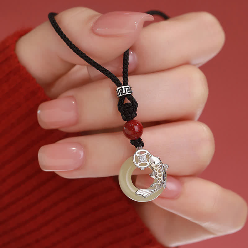 Nimara Ritual Jade Koi Fish Success Braided Circular Chinese Style Necklace