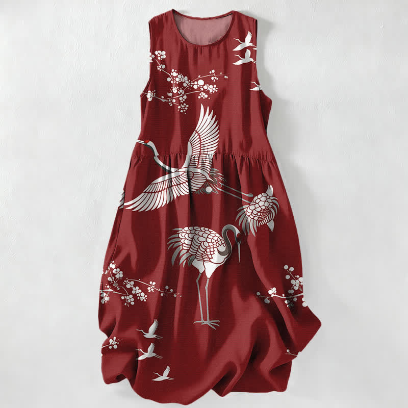 Nimara Ritual Summer Casual Crane Blossom Pattern Women's Summer Sleeveless Midi Dress With Pockets