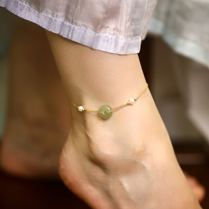 Nimara Ritual Hetian Jade Peace Buckle Pearl Safety Chain Anklet