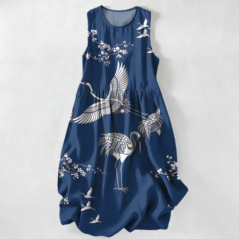 Nimara Ritual Summer Casual Crane Blossom Pattern Women's Summer Sleeveless Midi Dress With Pockets