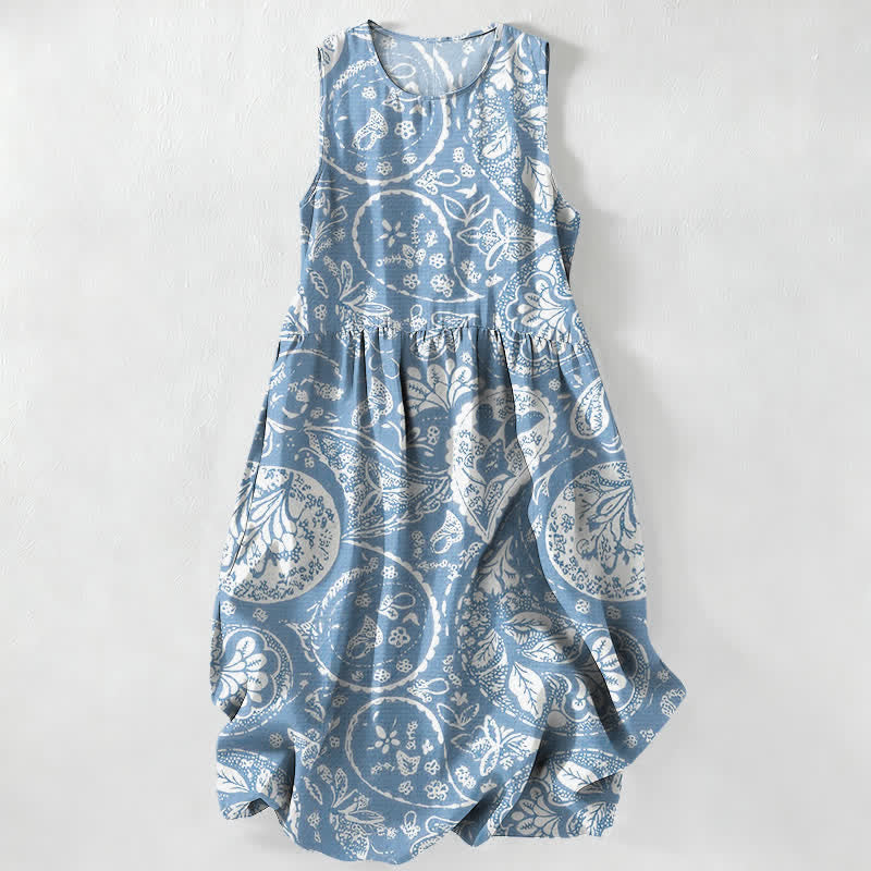 Nimara Ritual Summer Casual White Medallion Floral Pattern Women's Summer Sleeveless Midi Dress With Pockets