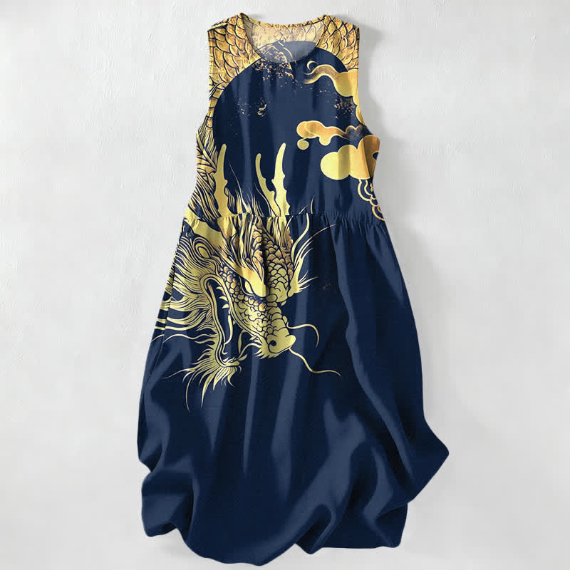 Nimara Ritual Summer Casual Golden Dragon Cloud Pattern Women's Summer Sleeveless Midi Dress With Pockets