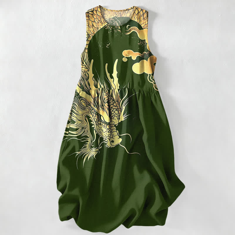 Nimara Ritual Summer Casual Golden Dragon Cloud Pattern Women's Summer Sleeveless Midi Dress With Pockets