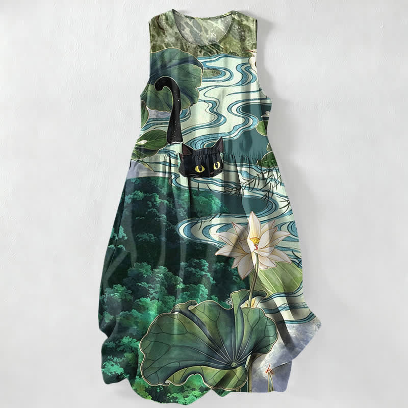 Nimara Ritual Summer Casual Lotus Black Cat Pattern Women's Summer Sleeveless Midi Dress With Pockets