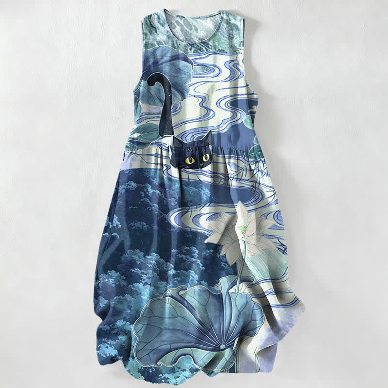 Nimara Ritual Summer Casual Lotus Black Cat Pattern Women's Summer Sleeveless Midi Dress With Pockets