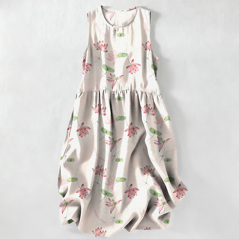 Nimara Ritual Summer Casual Lotus Leaves Pattern Women's Summer Sleeveless Midi Dress With Pockets