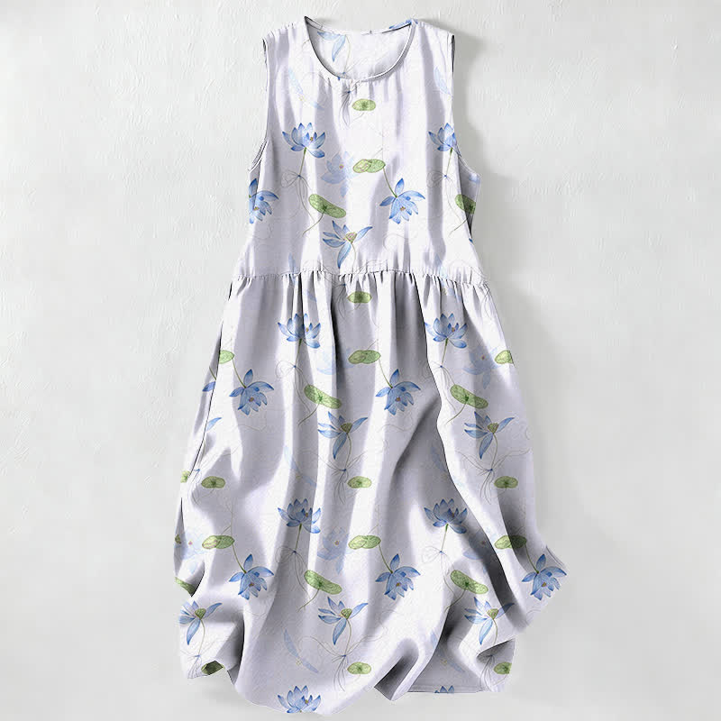 Nimara Ritual Summer Casual Lotus Leaves Pattern Women's Summer Sleeveless Midi Dress With Pockets