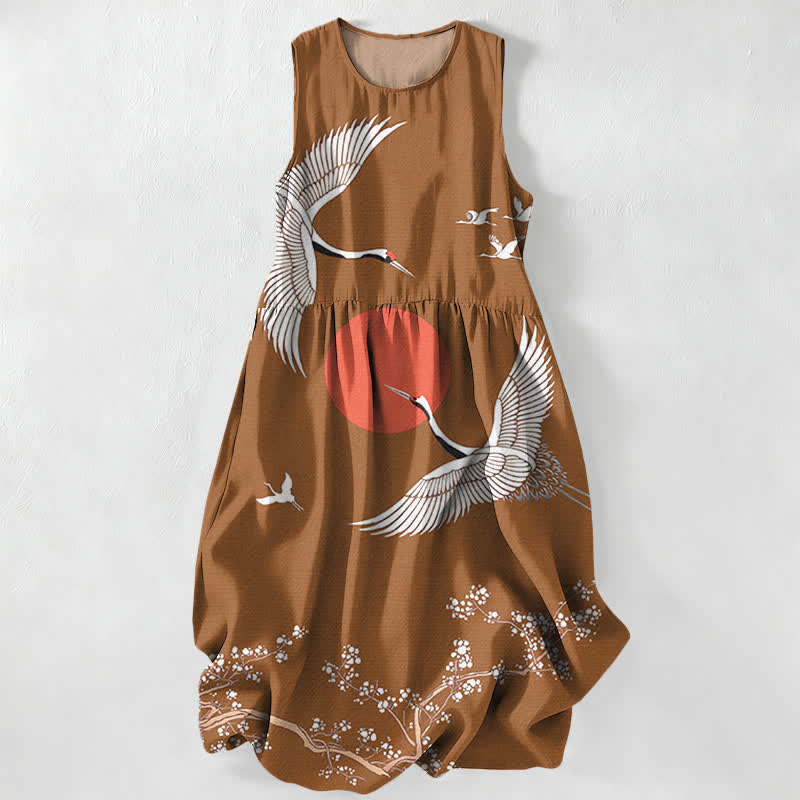 Nimara Ritual Summer Casual Crane Red Sun Pattern Women's Summer Sleeveless Midi Dress With Pockets