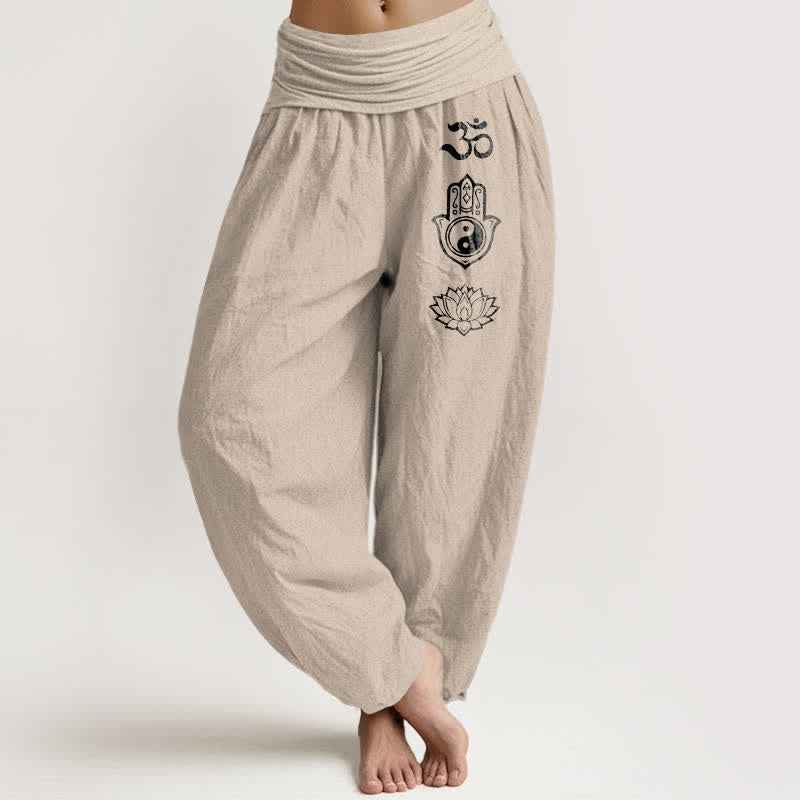 Nimara Ritual Pure Cotton Om Hamsa Yin Yang Lotus Pattern Women's Elastic Waist Harem Pants