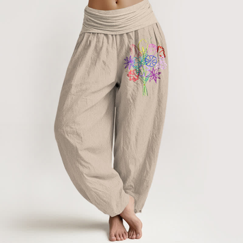 Nimara Ritual Pure Cotton Floral Bouquet Pattern Women's Elastic Waist Harem Pants