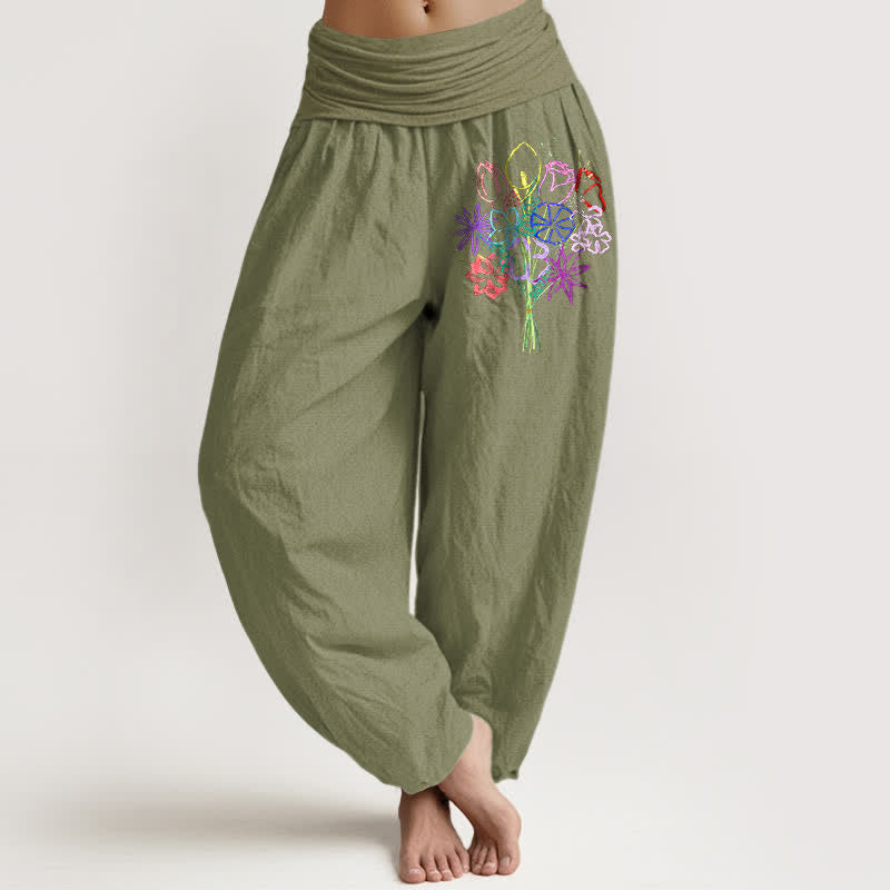 Nimara Ritual Pure Cotton Floral Bouquet Pattern Women's Elastic Waist Harem Pants